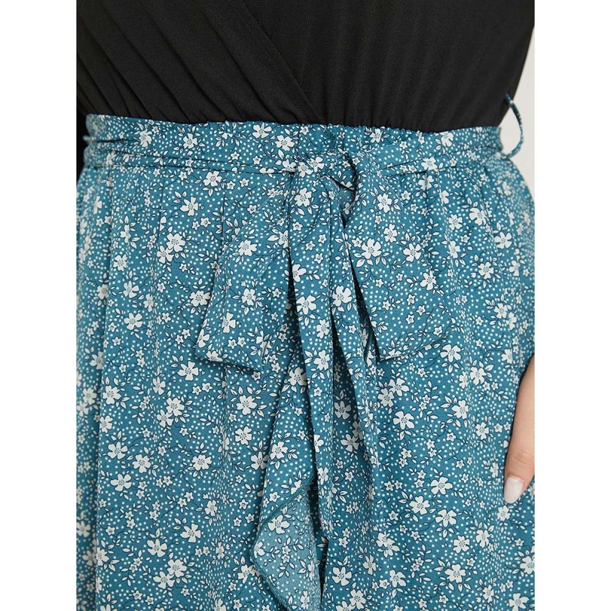 Plus Size Ditsy Floral Pocket Patchwork Belted Wrap Ruffle Dress Cerulean Women Office Plain V-neck Half Sleeve Curvy Knee Dress BloomChic 18-20/2X Product Image