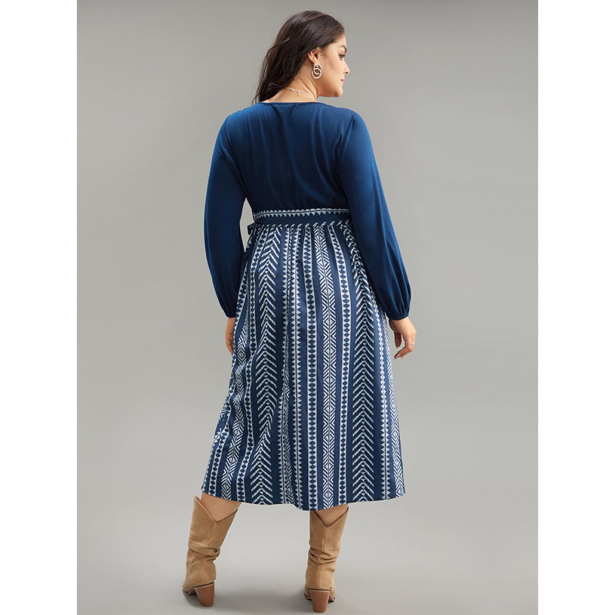 Plus Size Bandana Striped Patchwork Pocket Belted Dress Indigo Women Vacation Belted Round Neck Long Sleeve Curvy Midi Dress BloomChic 22-24/3X Product Image
