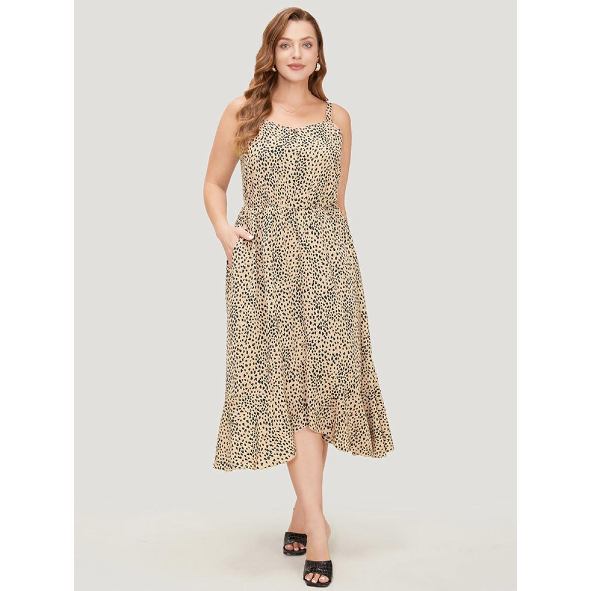 Plus Size Leopard Print Flutter Hem Pocket Adjustable Straps Cami Dress Multicolor Women Elegant Adjustable Straps V-neck Sleeveless Curvy Midi Dress BloomChic 28/5X Product Image