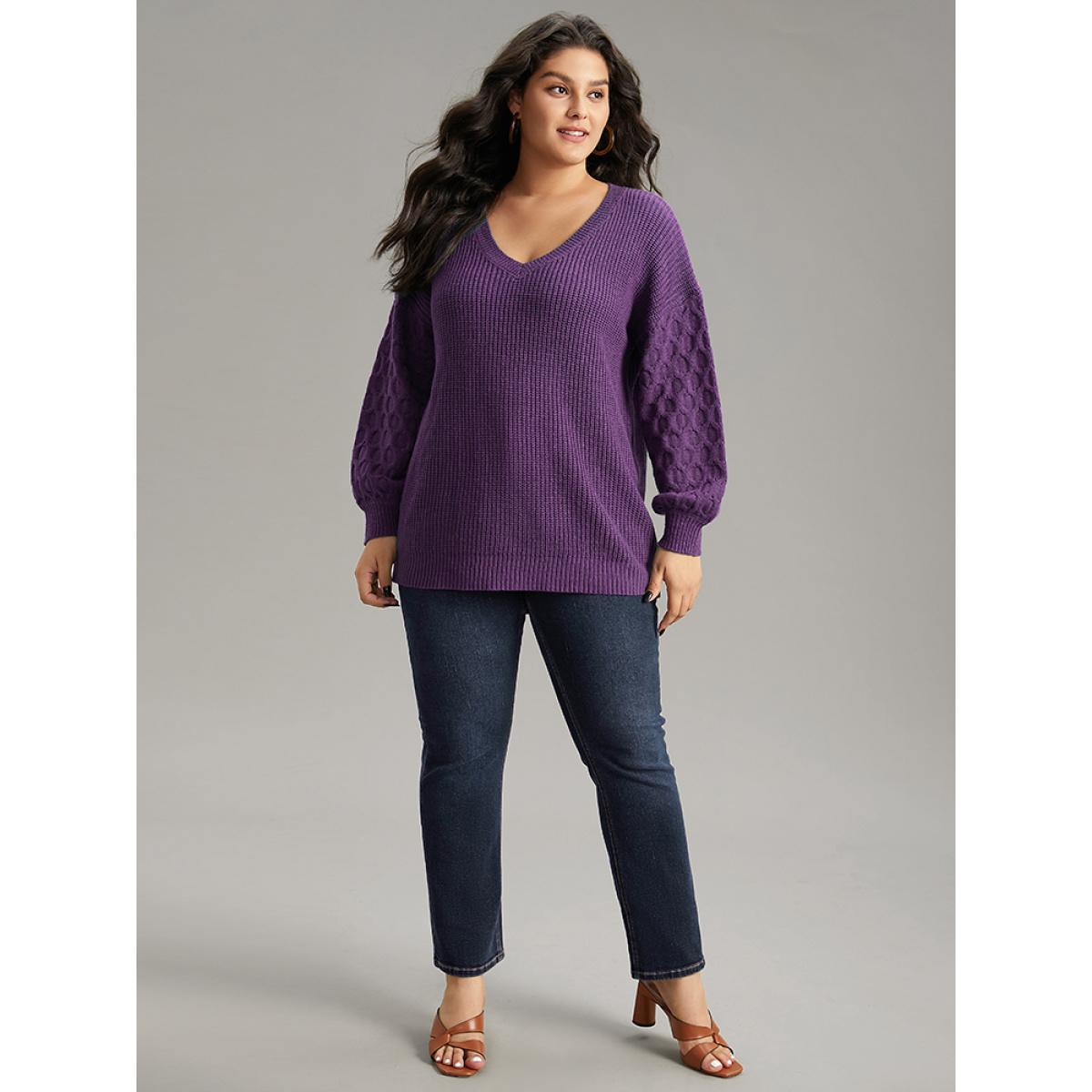 Plus Size Solid Cable Knit V Neck Drop Shoulder Pullover Purple Women Casual Long Sleeve V-neck Everyday Pullovers BloomChic 10/M Product Image