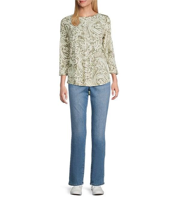 Westbound Petite Size Olive Paisley Swirl 3/4 Sleeve Crew Neck Knit Top Product Image