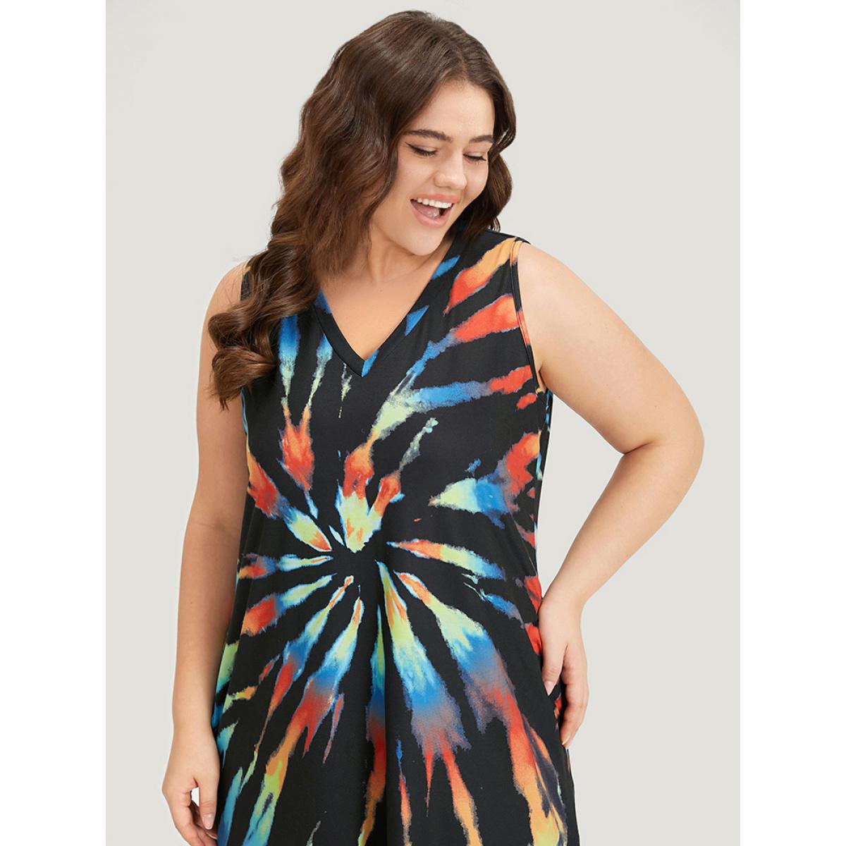 Plus Size Tie Dye Pocket Curved Hem Tank Dress Black Women Casual Tie Dye V-neck Sleeveless Curvy Midi Dress BloomChic 18-20/2X Product Image
