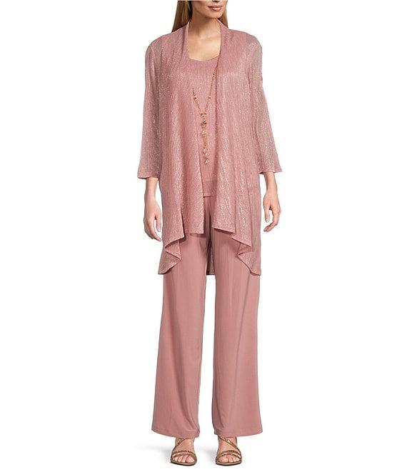 R & M Richards Pleated Crinkle Metallic Scoop Neck 3/4 Sleeve 3-Piece Pant Set Product Image