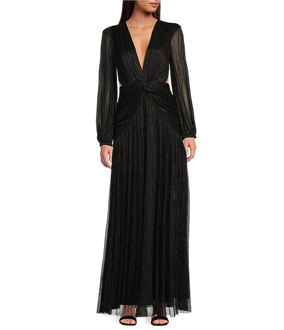 Gianni Bini Hazel Metallic Chiffon V-Neck Long Sleeve Cut Out Dress Product Image