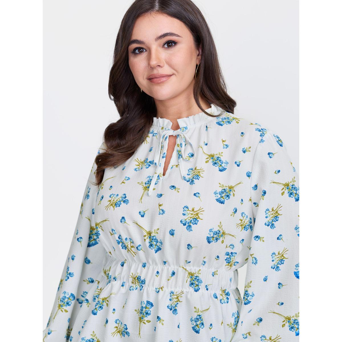 Plus Size Ivory Floral Print Waist Defining Neck Tie Blouse Women Timeless Long Sleeve Flat collar with V-notch Elegant Blouses BloomChic 28/5X Product Image