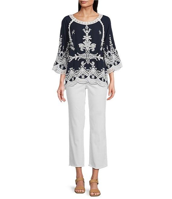 Leo & Nicole Woven Embroidered Scalloped Lace Trim Scoop Neck 3/4 Sleeve Top Product Image