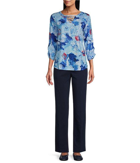 Allison Daley Petite Size Shell Melange Print 3/4 Sleeve Crew Neckline Knit Top Product Image