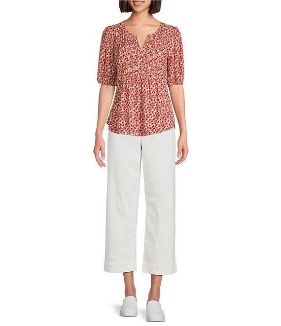 Nurture by Westbound Petite Woven Elbow Sleeve Pintuck Yoke Floral Top Product Image