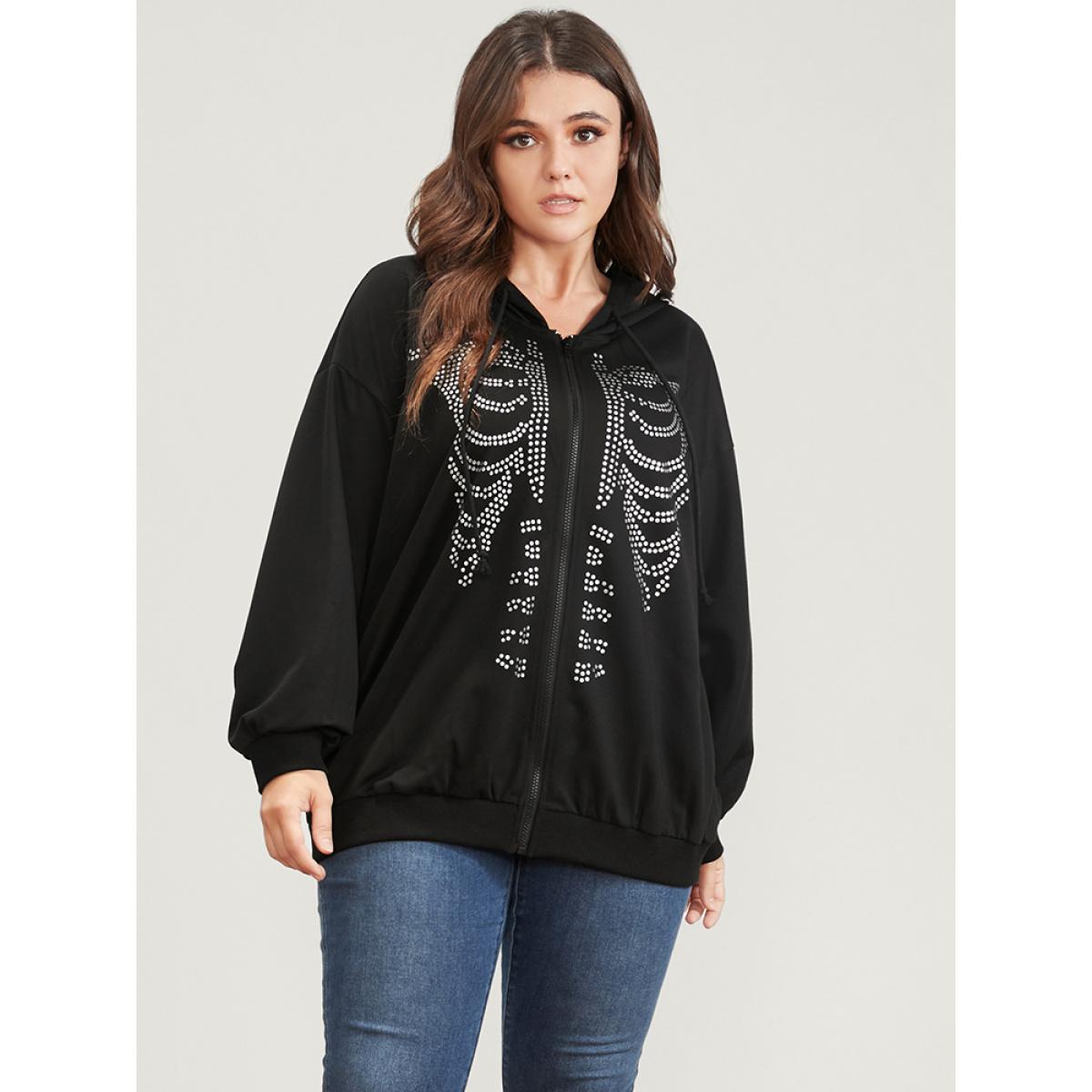 Plus Size Halloween Skeleton Print Zip Up Drawstring Hooded Sweatshirt Women Black Casual Printed Hooded Dailywear Sweatshirts BloomChic 10/M Product Image