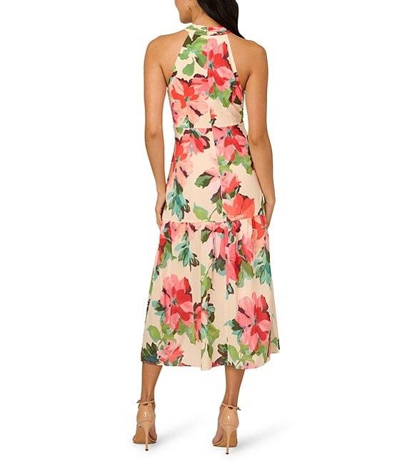 Adrianna Papell Halter Neck Sleeveless Drop Waist Floral Chiffon Midi Dress Product Image