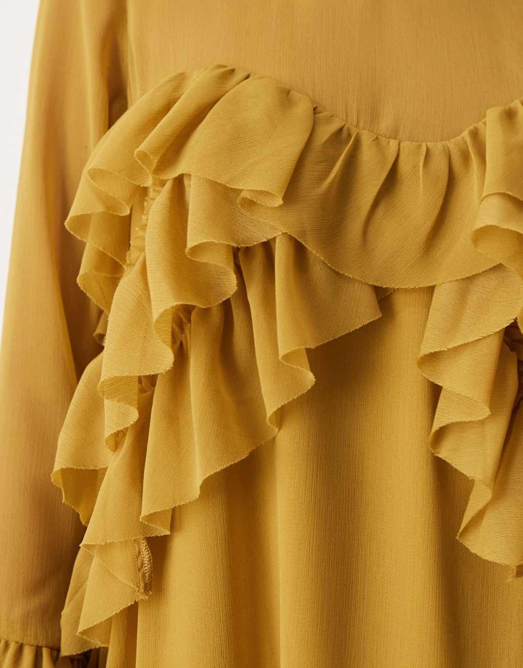ASOS DESIGN long sleeve ruffle tiered mini dress in ochre Product Image