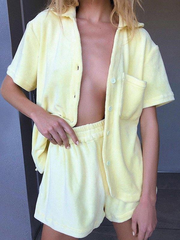 Fuzzy Solid Blouse & Shorts Set Product Image