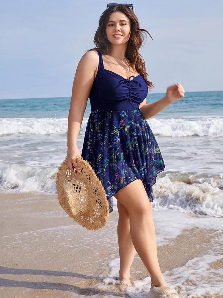 Tropical Ruched Ties Hanky Hem Crisscross Swim Dress Female Product Image