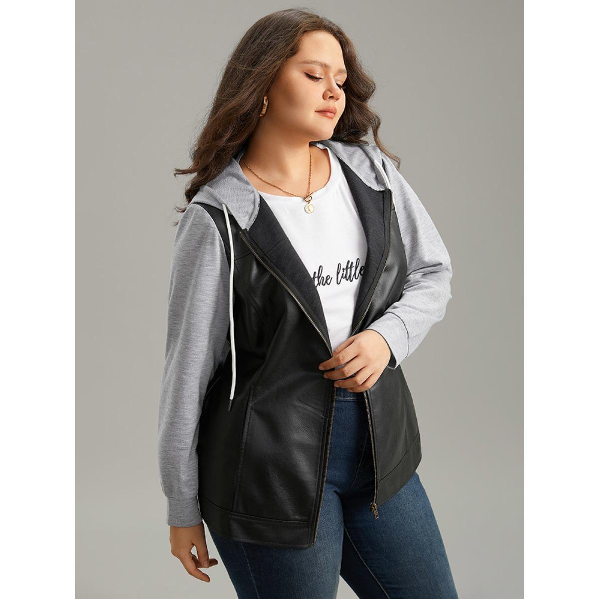 Plus Size PU Leather Zipper Hooded Drawstring Jacket Women Black Contrast Pocket Everyday Jackets BloomChic 22-24/3X Product Image