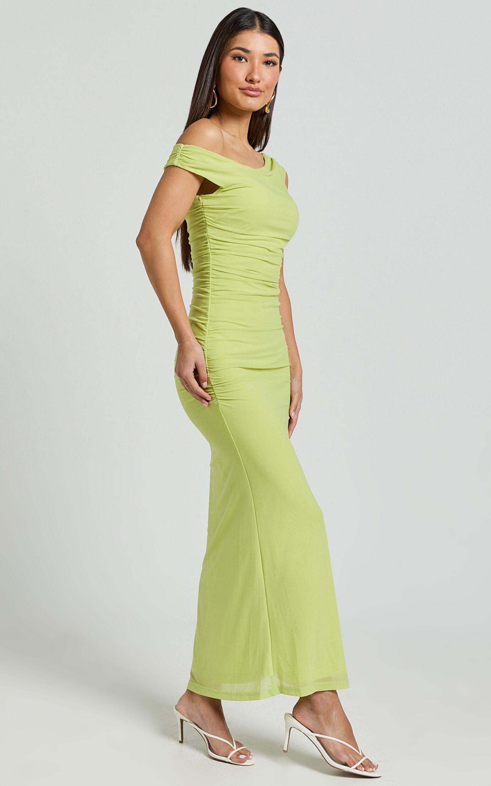 Vicky Midi Dress - Off the Shoulder Slip Dress in Lime Product Image