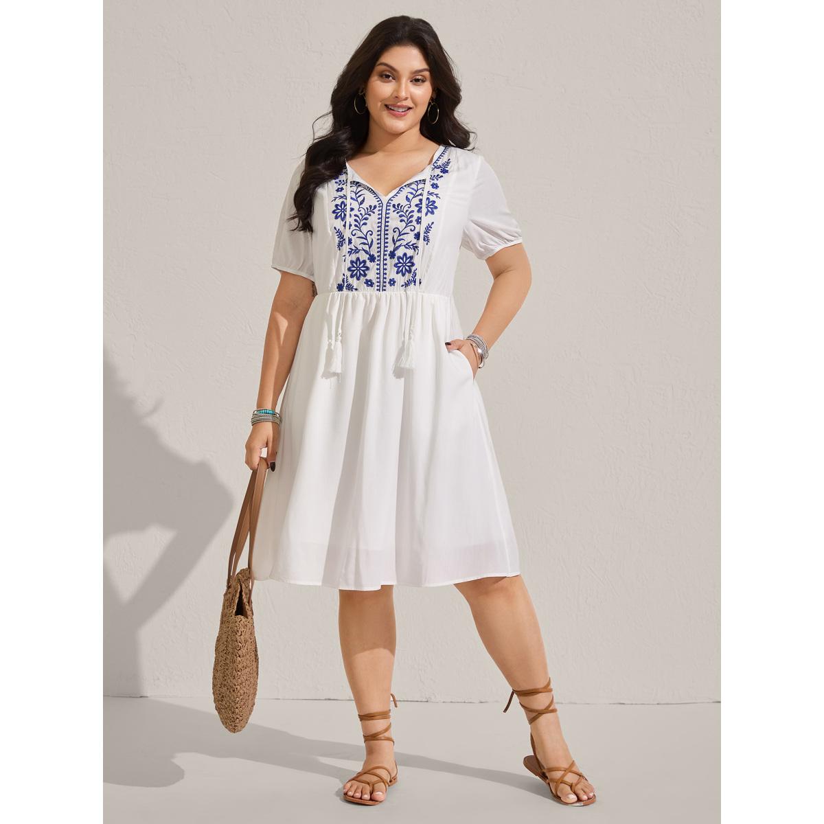 Plus Size Floral Embroidery Pockets Tassels Midi Dress Ivory Women Notched collar Short sleeve Curvy BloomChic 28/5X Product Image