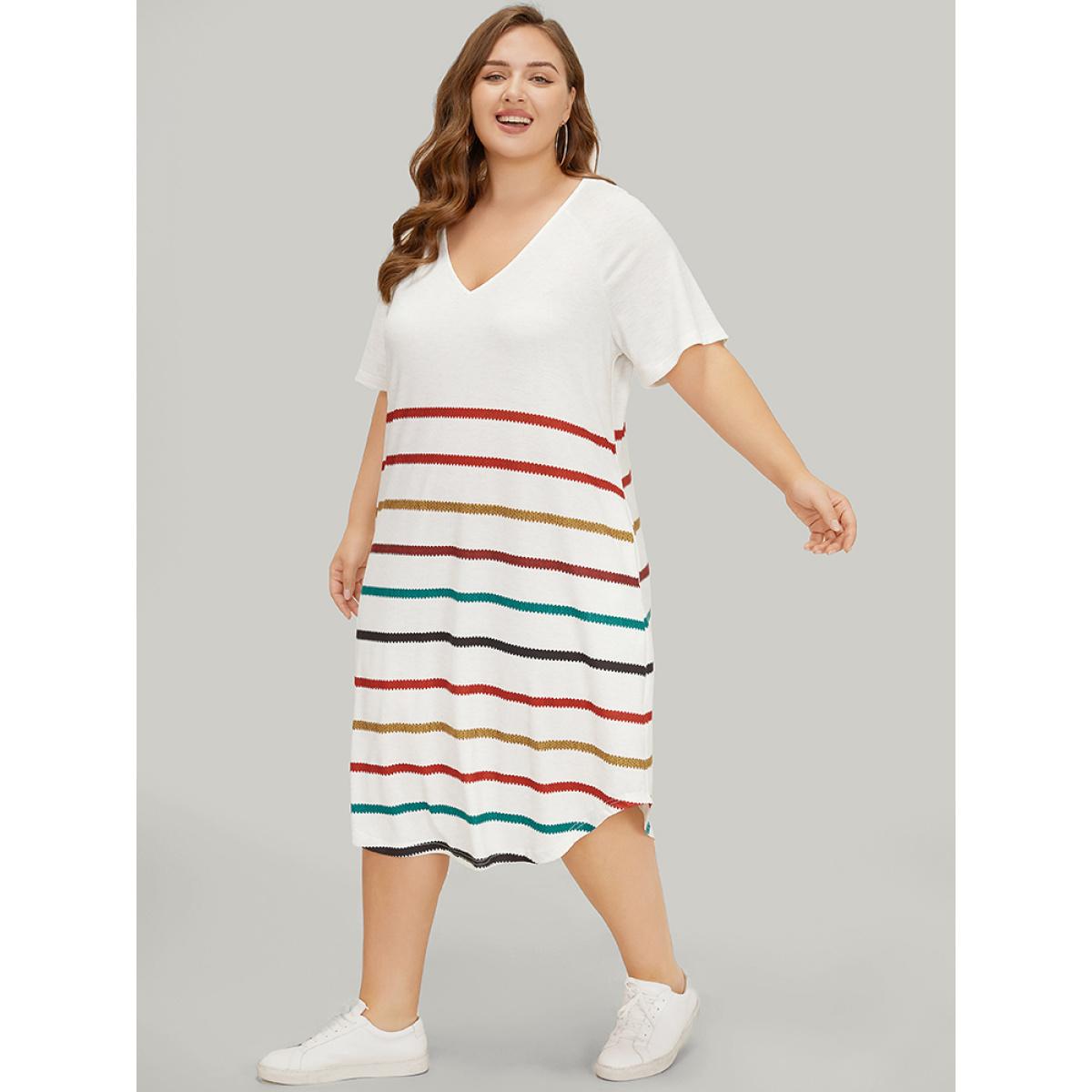Plus Size Rainbow Striped Pocket Curved Hem Dress White Women Casual Contrast V-neck Short sleeve Curvy Midi Dress BloomChic 18-20/2X Product Image