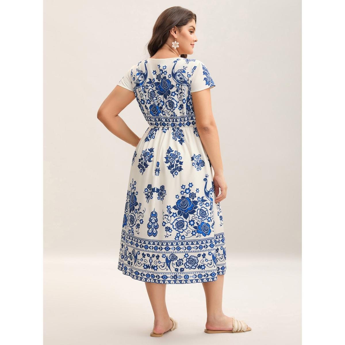 Plus Size Boho Print V-Neck Pockets Midi Dress Mediumblue Women V-neck Short sleeve Curvy BloomChic 30/6X Product Image
