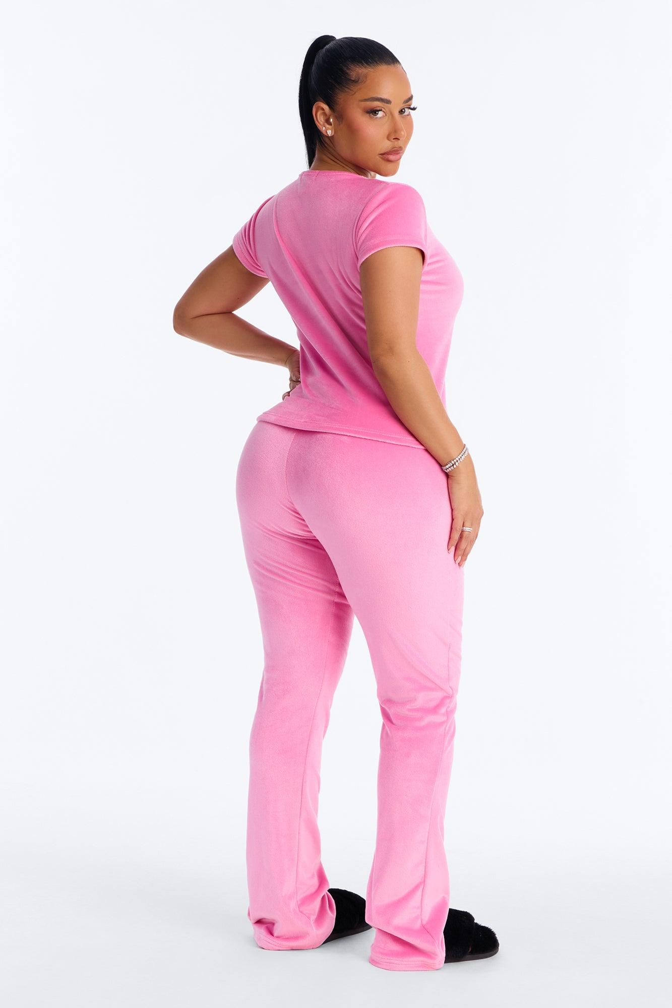 Cozy Moments Short Sleeve Velour PJ Pant Set - Hot Pink Female Product Image