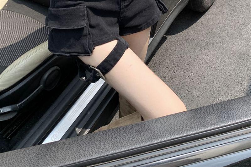 High Waist Plain Cutout Buckled Denim Wide Leg Cargo Shorts Product Image