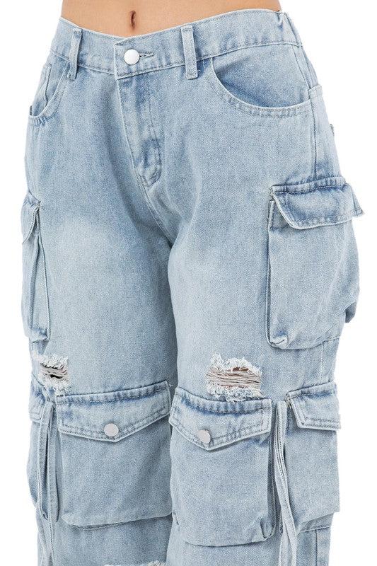 WOMEN CARGO STYLE DENIM PANTS Product Image