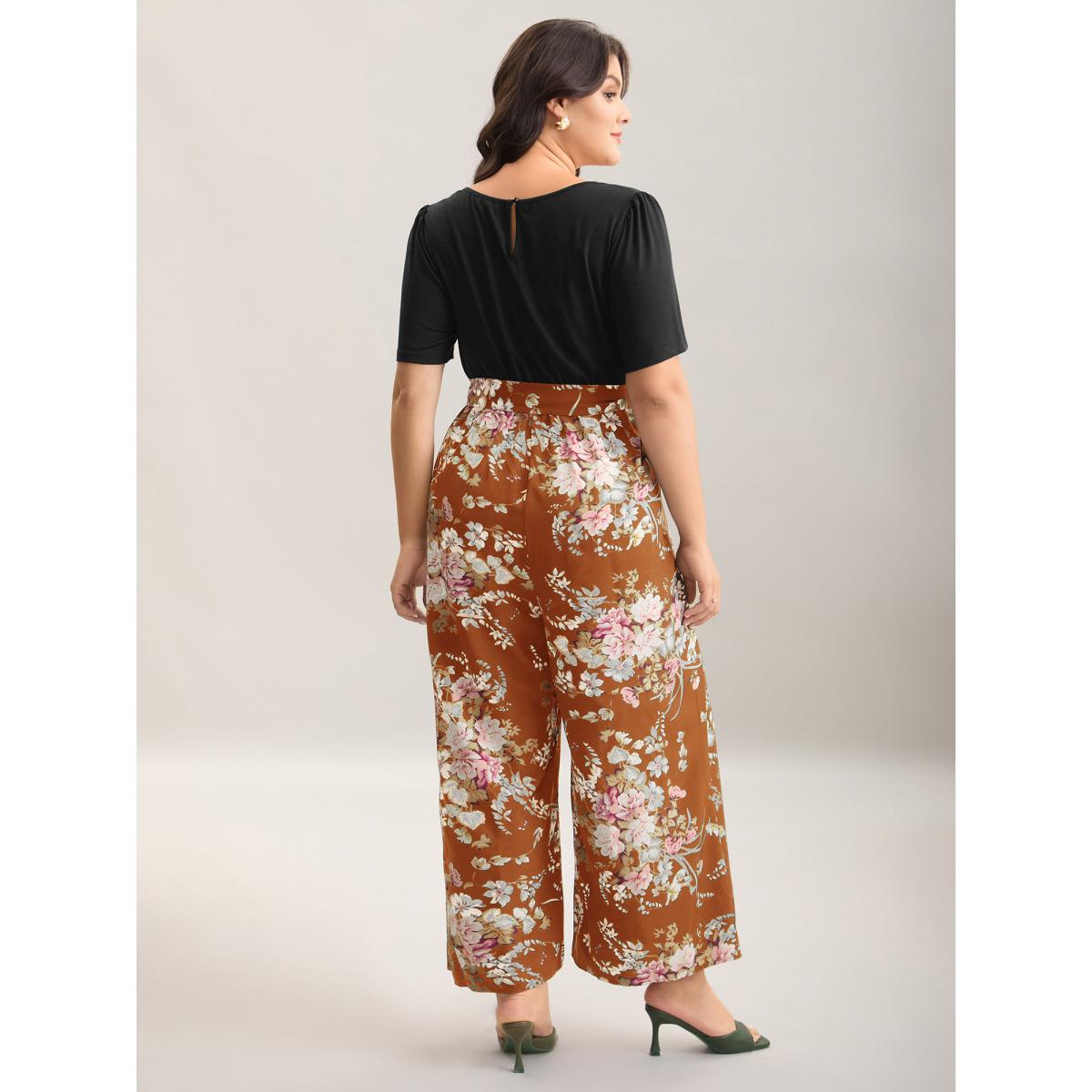 Plus Size Rust Color Contrast Belted Panel Pockets Jumpsuit Women Timeless Short sleeve Square Neck Elegant Loose Jumpsuits BloomChic 10/M Product Image