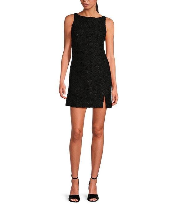 WAYF Callie Boucle Boat Neck Sleeveless Open Back Mini Dress Product Image