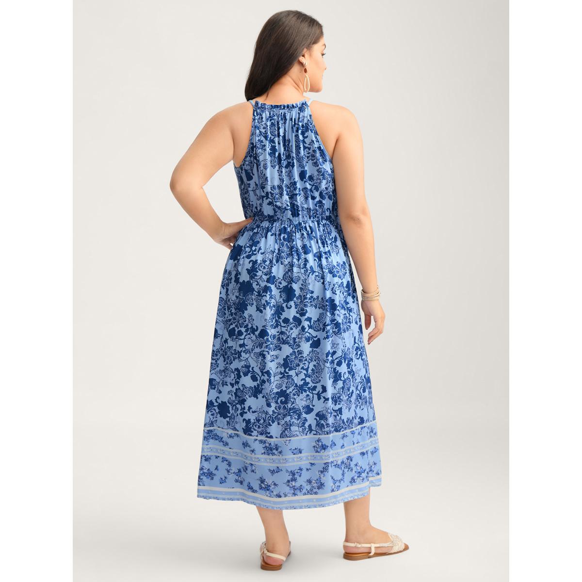 Plus Size Rayon Braided Shoulder Straps Floral Midi Dress Stone Women Round Neck Sleeveless Curvy BloomChic 12/L Product Image