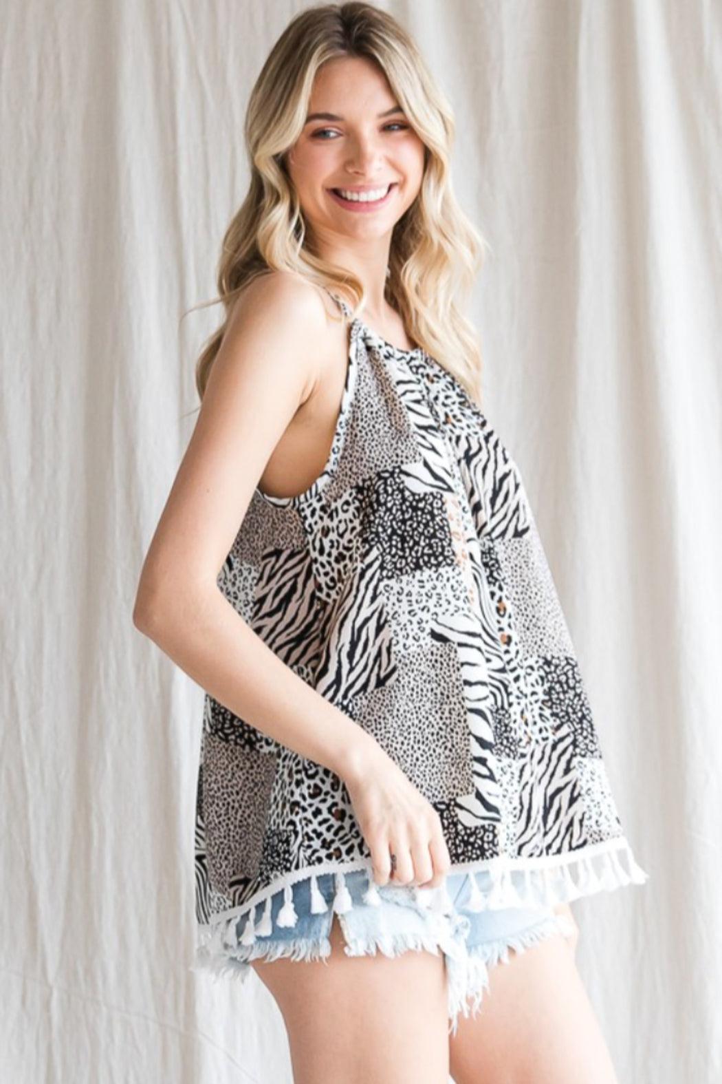 Multi Animal Print Halter Top with Tassels Product Image