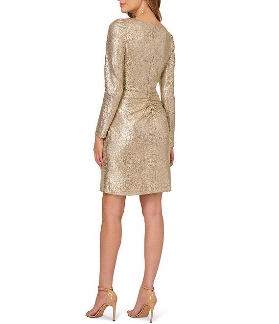 Adrianna Papell Long Sleeve V-Neck Metallic Foiled Knit Draped Dress Product Image