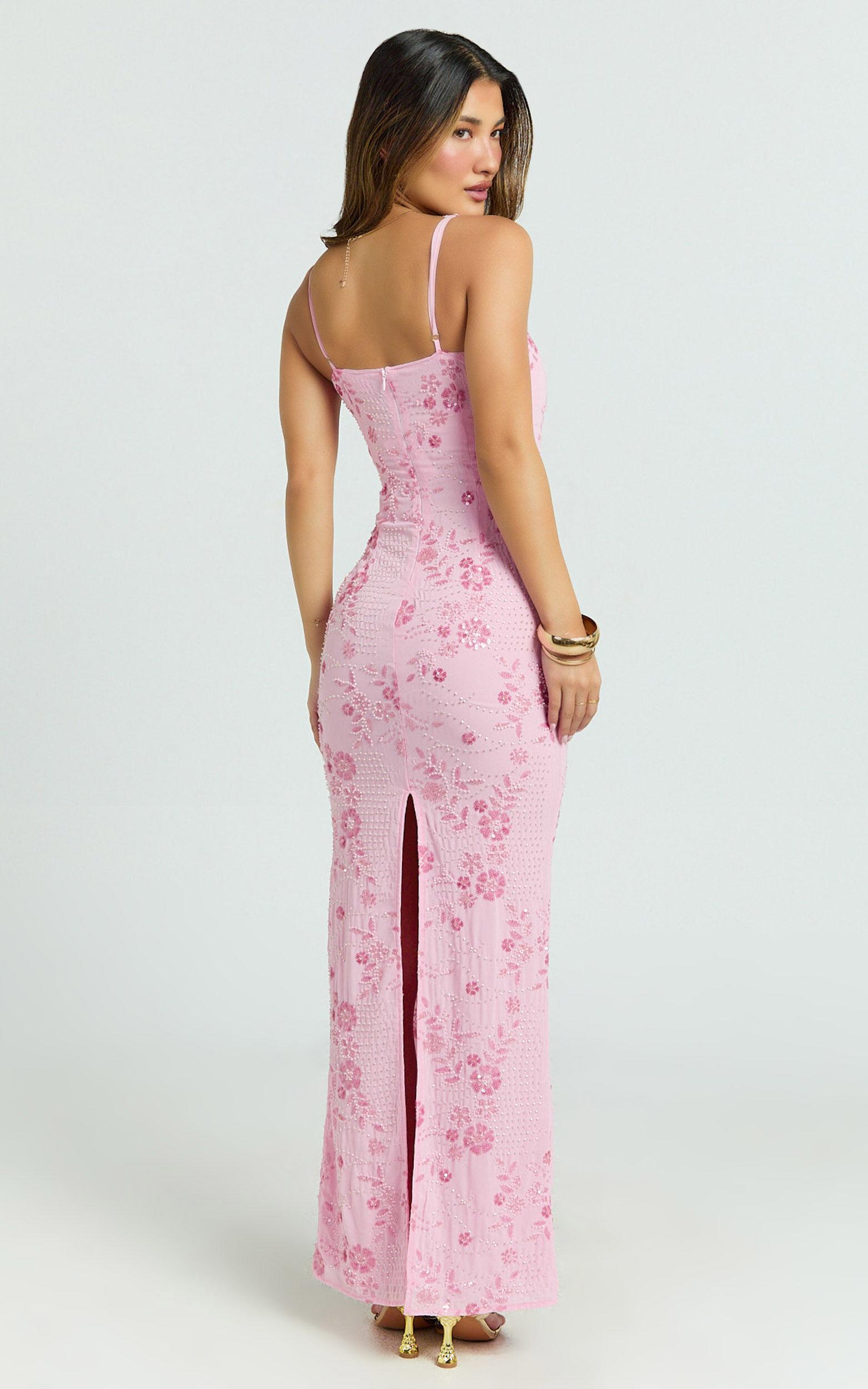 Shari Maxi Dress - Strappy Scoop Neck Column Fitted Sequin Mesh Dress in Pink Product Image