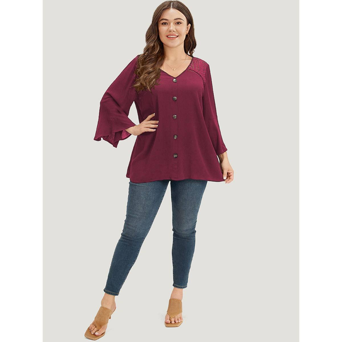 Plus Size Burgundy Plain Crochet Lace Button Detail Bell Sleeve Blouse Women Elegant Elbow-length sleeve V-neck Dailywear Blouses BloomChic 10/M Product Image