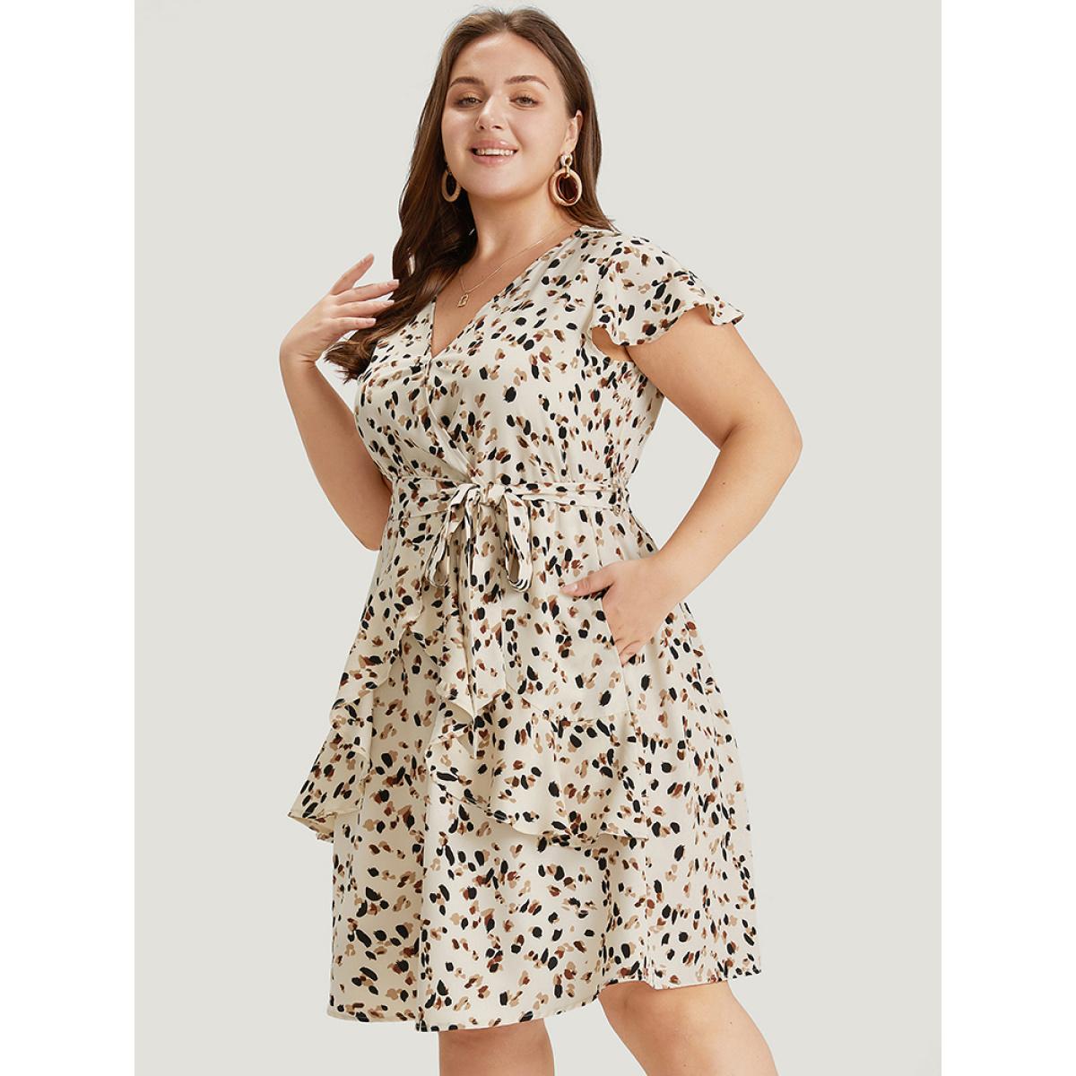 Plus Size Allover Print Belted Ruffles Asymmetrical Layered Hem Dress Apricot Women Elegant Gathered V-neck Cap Sleeve Curvy Knee Dress BloomChic 28/5X Product Image