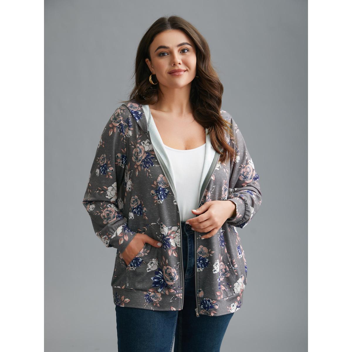 Plus Size Floral Print Zipper Front Hooded Sweatshirt Women DarkGray Casual Contrast Loose Hooded Everyday Sweatshirts BloomChic 26/4X Product Image