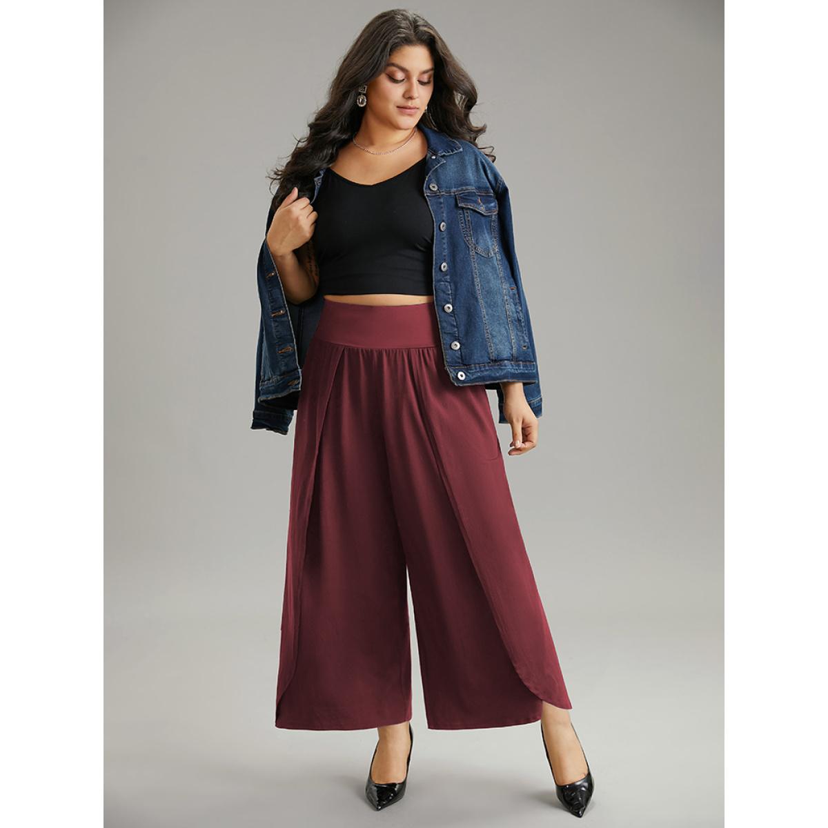 Plus Size Plain Wrap Hem Wideband Waist Wide Leg Pants Women Burgundy Casual Wide Leg High Rise Dailywear Pants BloomChic 14-16/1X Product Image