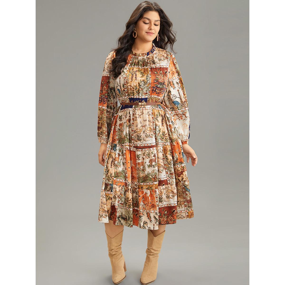 Plus Size Boho Print Stand Collar Pleated Lantern Sleeve Dress Chocolate Women Vacation Elastic cuffs Stand-up collar Long Sleeve Curvy Midi Dress BloomChic 10/M Product Image