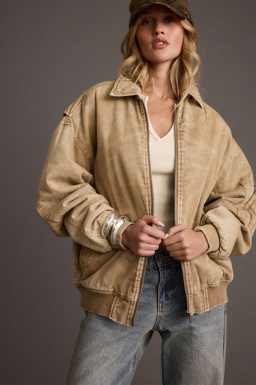 Sawyer Washed Tan Oversized Bomber Jacket Product Image
