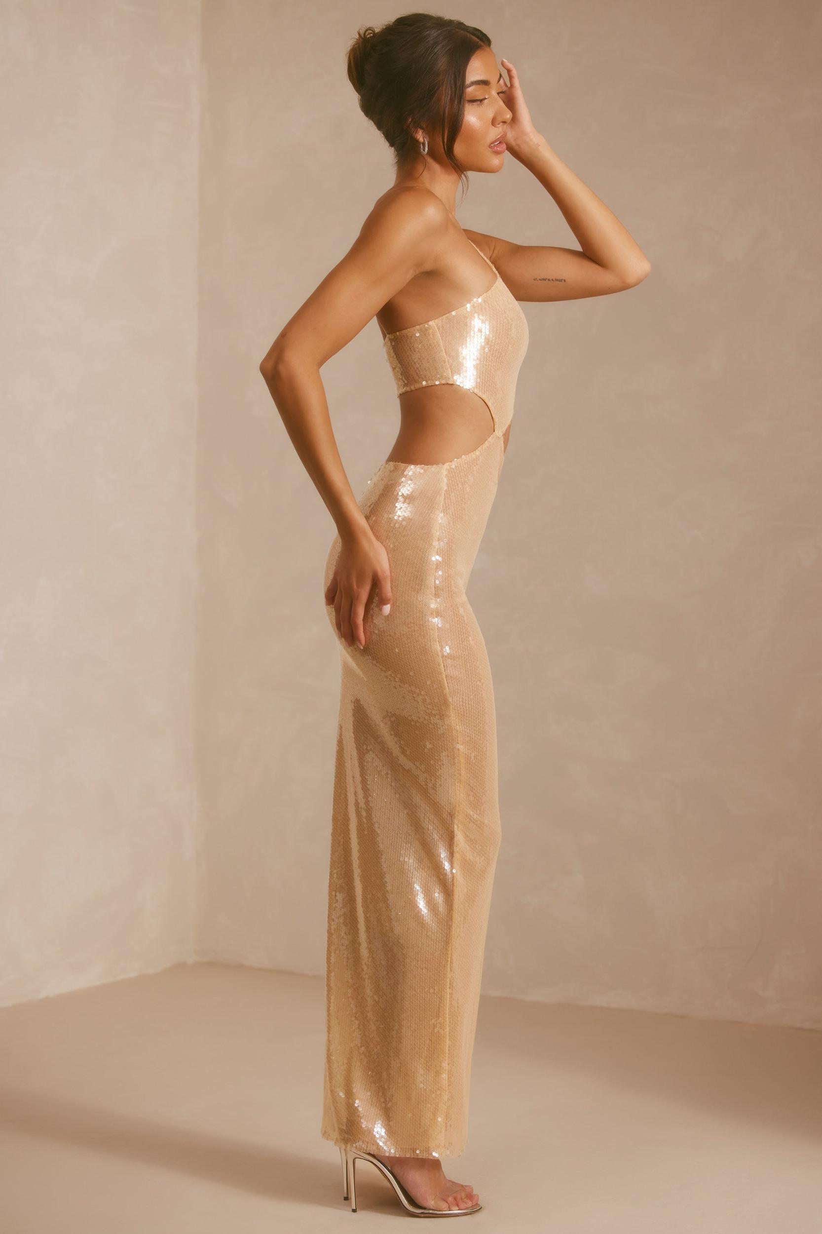 Sheer Sequin One Shoulder Cut Out Maxi Dress in Tan Product Image