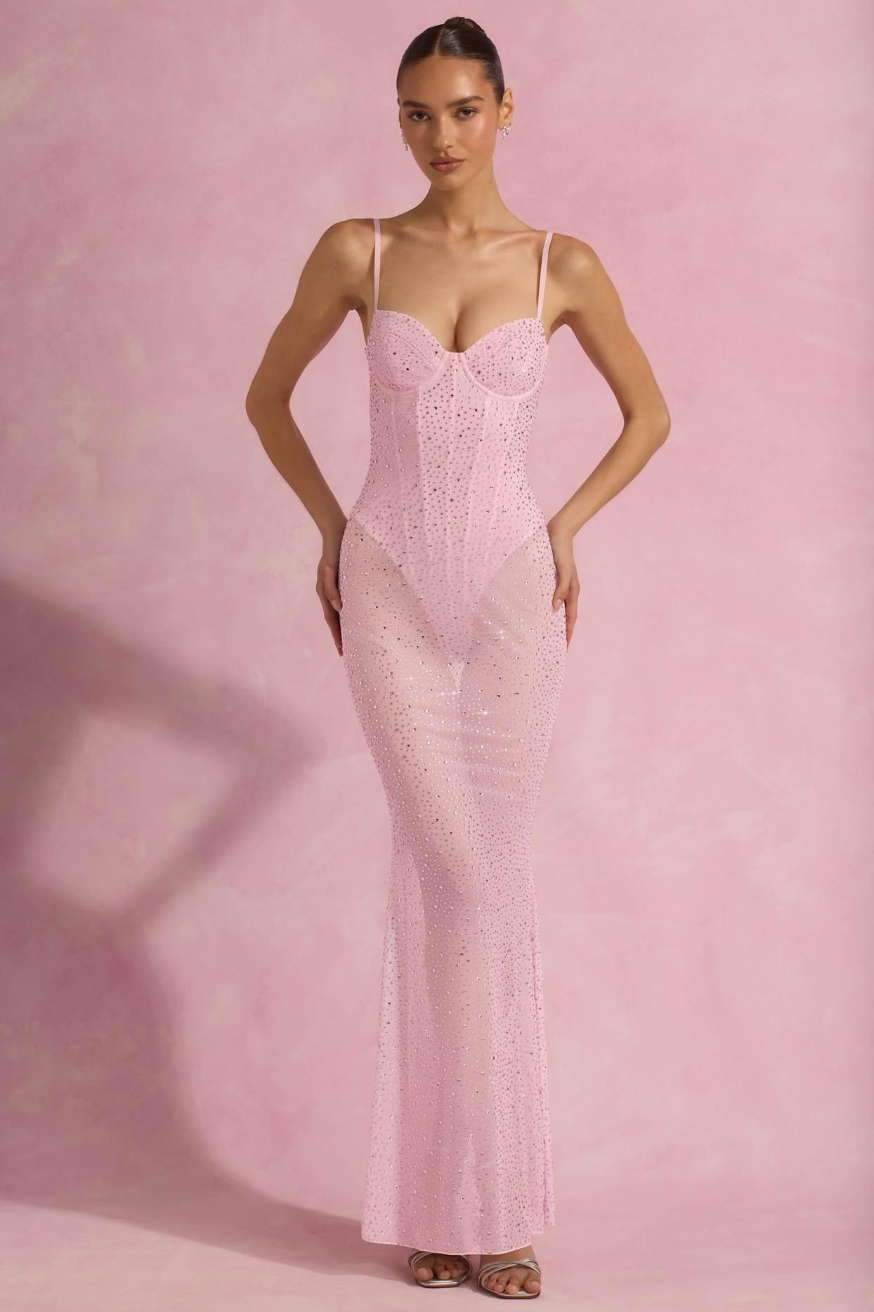 Semi-Sheer Embellished Corset Gown in Pink Product Image