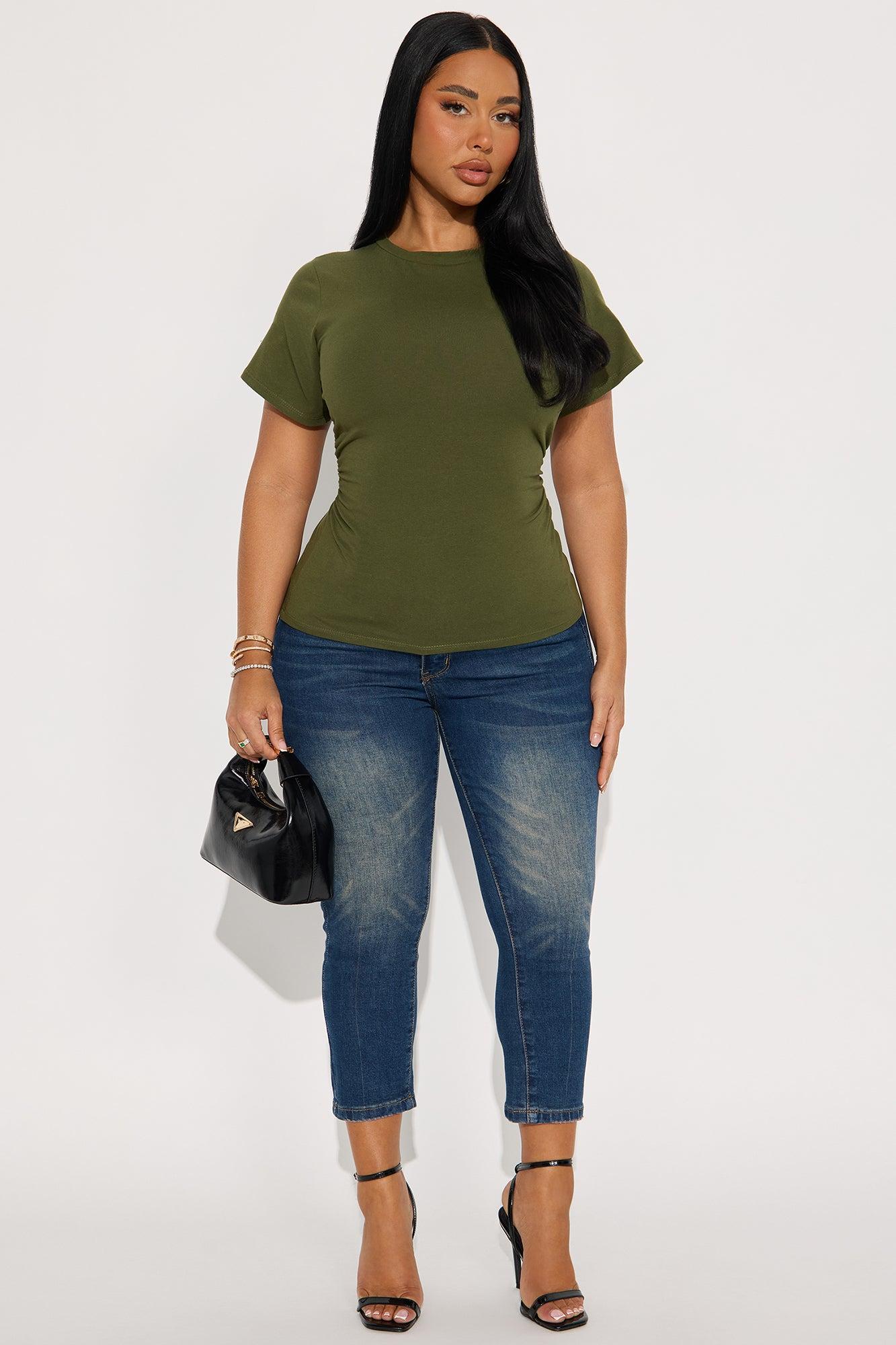 Simply Me Ruched Short Sleeve T-Shirt - Olive Female Product Image
