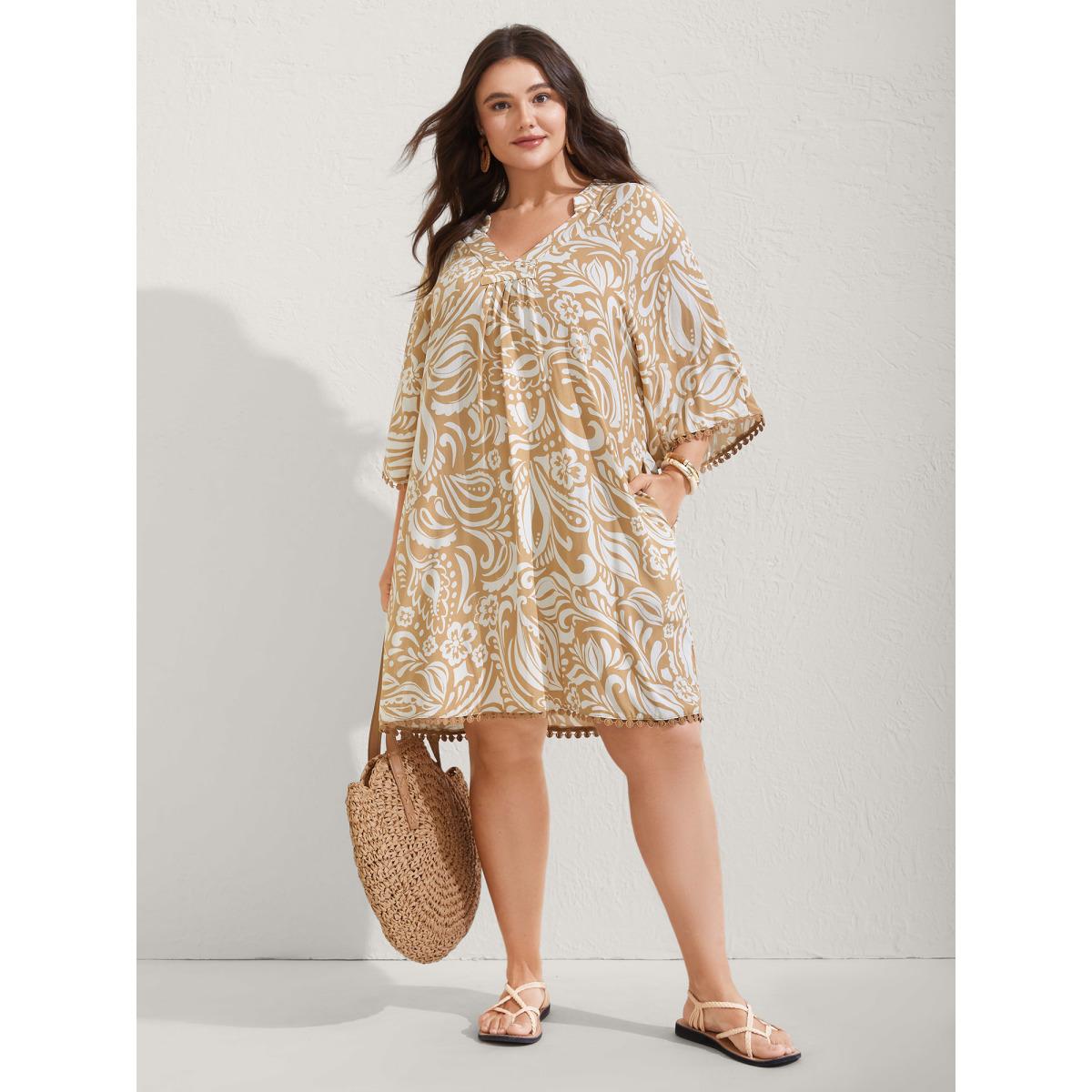 Plus Size Paisley Print Notched Collar Lace Midi Dress LightBrown Women Flat collar with V-notch Elbow-length sleeve Curvy BloomChic 22-24/3X Product Image