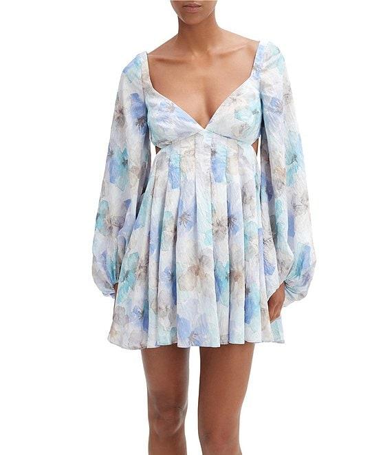 Bardot Jovie V-Neck Cut Out Back Long Puff Sleeve Floral Printed Babydoll Dress Product Image