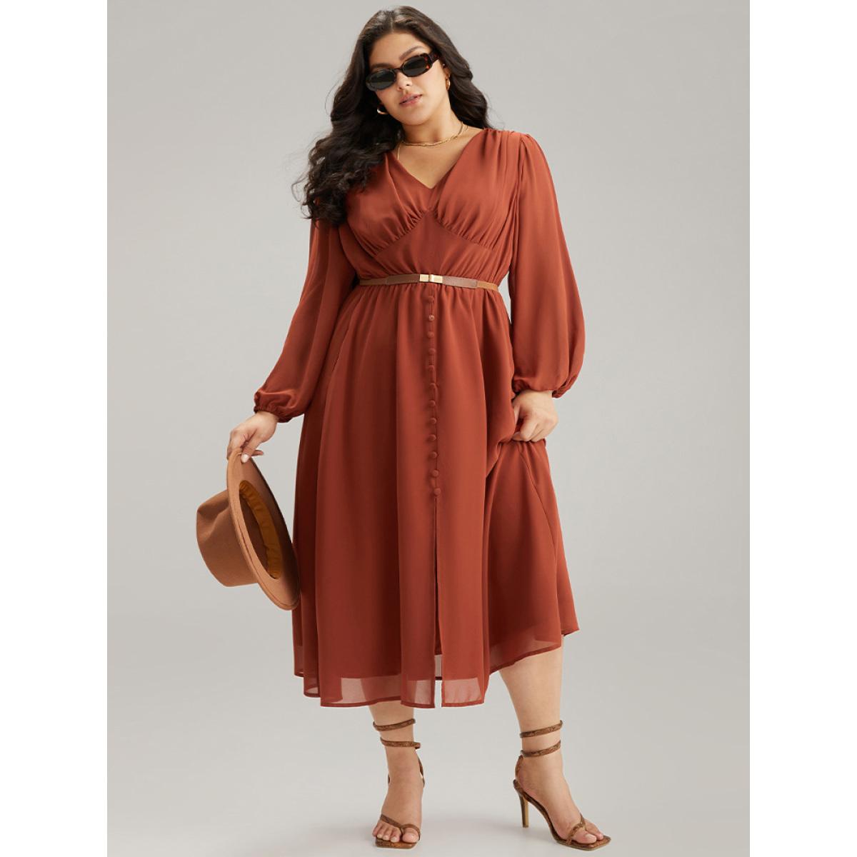 Plus Size Chiffon Plain Split Hem Button Detail Dress Rust Women Elegant Elastic cuffs V-neck Long Sleeve Curvy Midi Dress BloomChic 30/6X Product Image