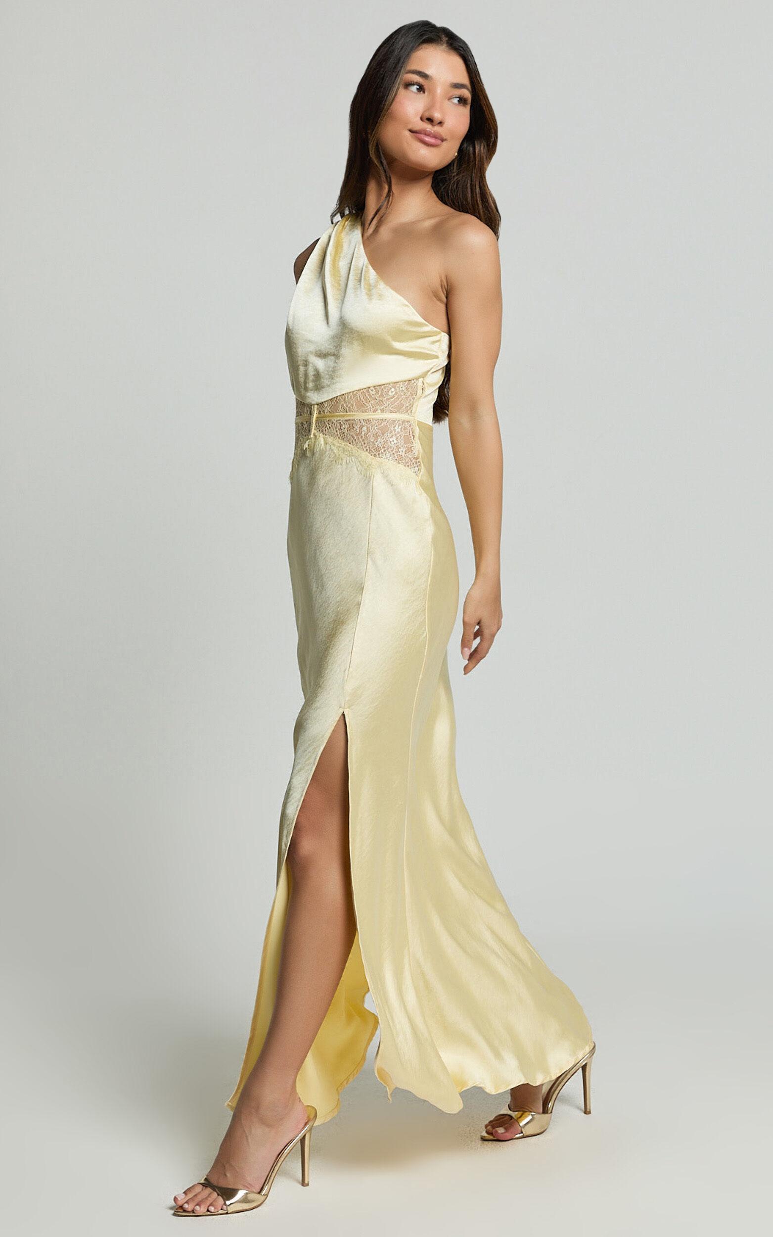 Estella Midi Dress - Asymmetrical Lace Detail Waist Slip Dress in Butter Product Image