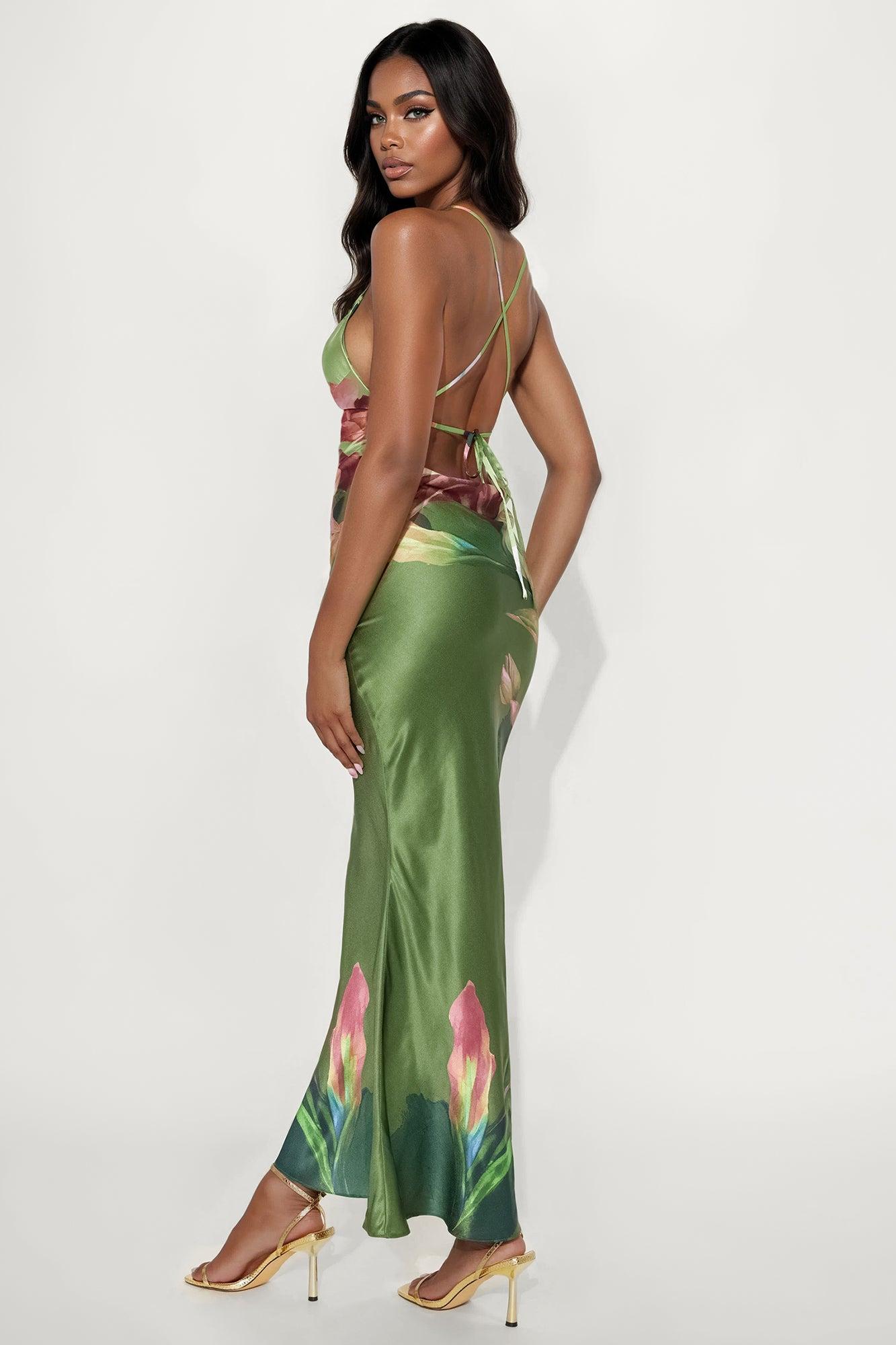 Jayla Backless Satin Maxi Dress - Green/combo Female Product Image