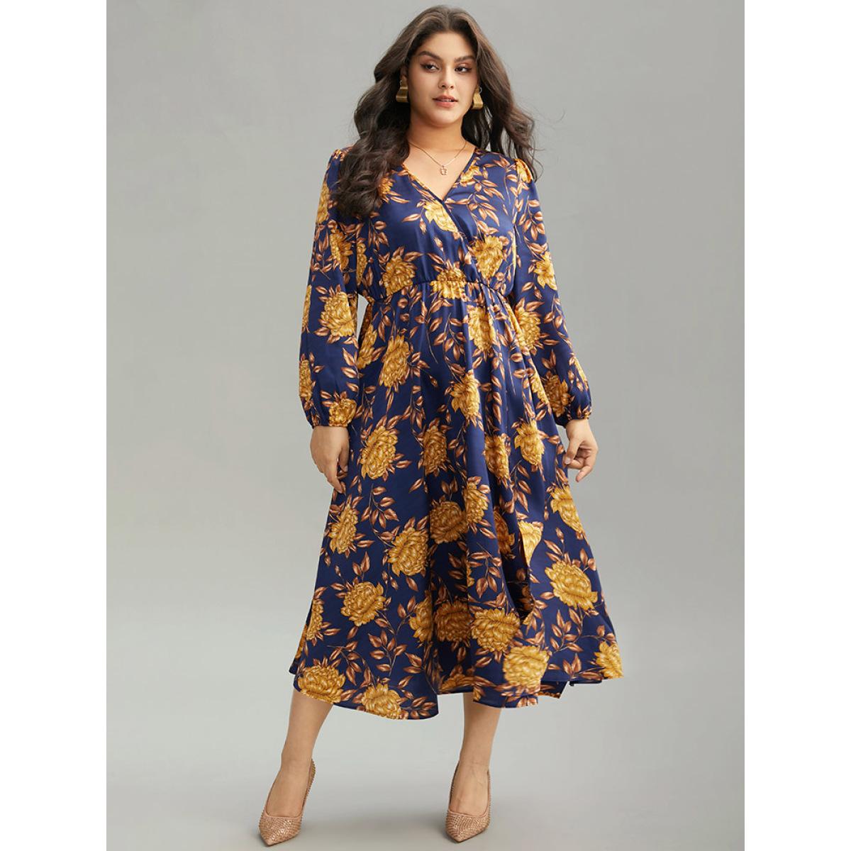 Plus Size Floral Elastic Waist Wrap Split Hem Dress DarkBlue Women Elegant Elastic cuffs Overlap Collar Long Sleeve Curvy Midi Dress BloomChic 18-20/2X Product Image