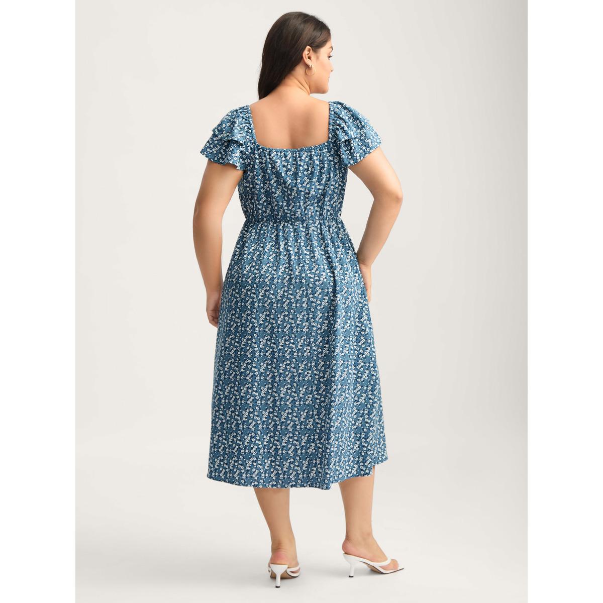 Plus Size Ditsy Floral Print Layered Ruffled Sleeve Dress Aegean Women Heart neckline Cap Sleeve Curvy BloomChic 12/L Product Image