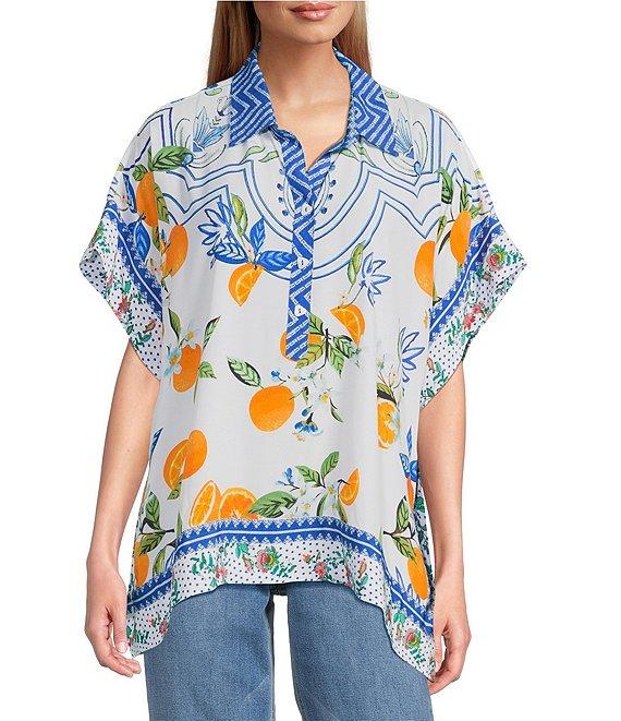 John Mark Tropical Point Collar Short Sleeve Wide Tunic Product Image