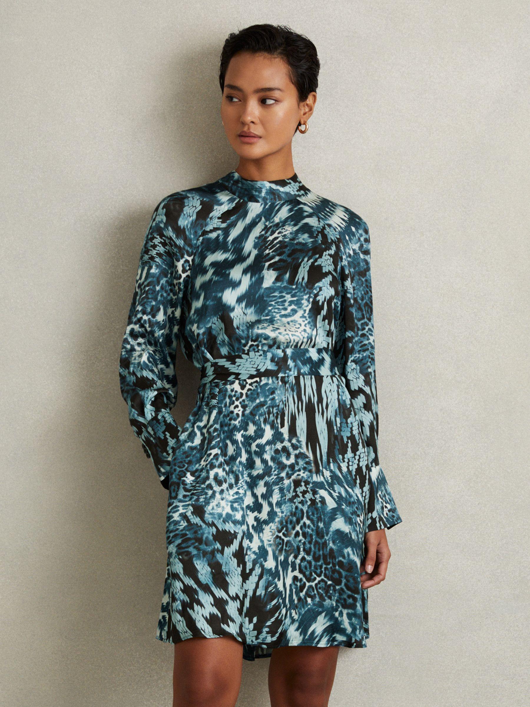 Ester Teal Printed Belted Tie Neck Mini Dress Product Image