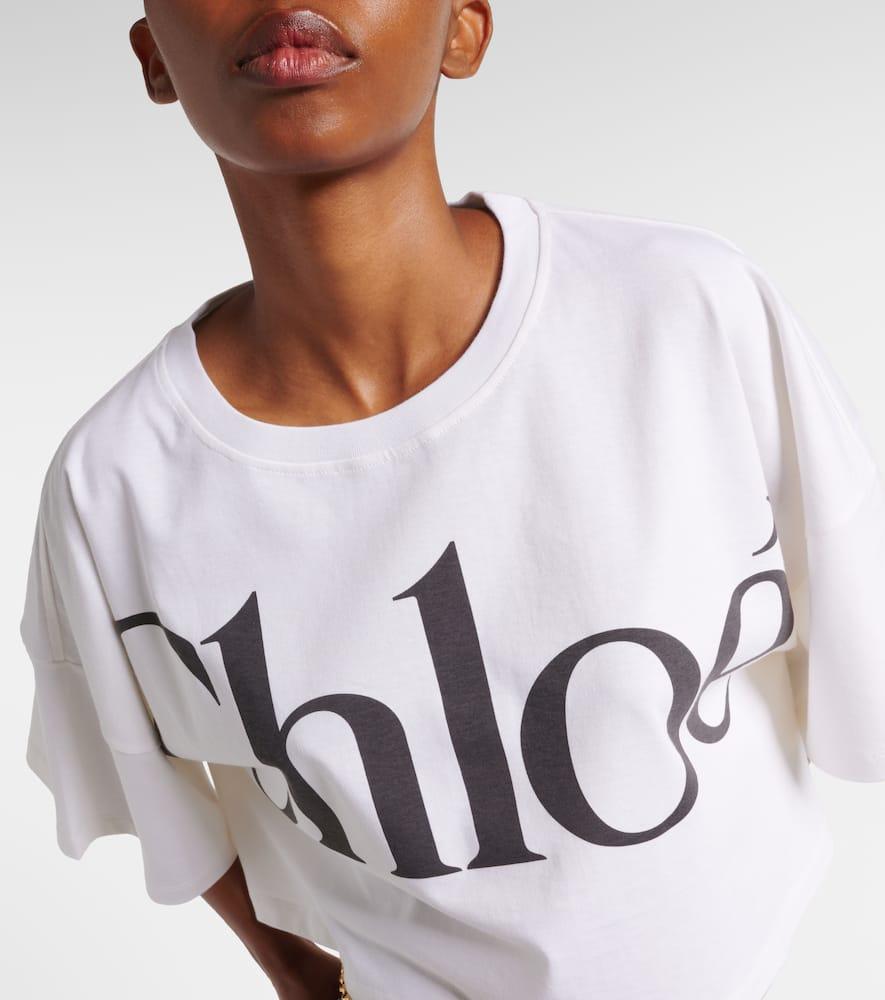 CHLOÉ White Cropped Crewneck T-shirt With Maxi Logo Print On The Front In Cotton Woman In Multicolor Product Image
